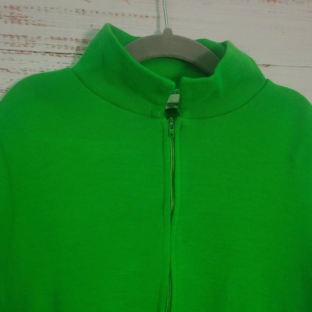 Vintage Girls Large Green Mod Knit Zip Front Drop Waist Dress 1960s Play Dress